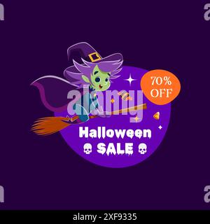 Cadre de vente d'Halloween et personnage de sorcière kawaii volant sur balai. étiquette promotionnelle vectorielle isolée avec wicked hag chevauchant son balai à travers un ciel sinistre, jetant un charme enchanteur Illustration de Vecteur