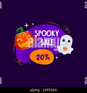 Cadre d'Halloween avec personnage fantôme kawaii tenant le panier débordant de bonbons, et citrouille de vacances. Étiquette festive violette ou bannière de badge de vente de vecteur isolé avec lanterne de jack, et guêtre adorable mignon Illustration de Vecteur