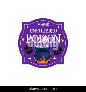 Étiquette de potion d'Halloween avec chaudron de sorcière, os et crânes, étiquette vectorielle pour partie de truc ou de friandise. Potion de sorcière ou étiquette de bouteille d'élixir magique avec pot de poison effrayant de bande dessinée avec des yeux et des os de squelette Illustration de Vecteur