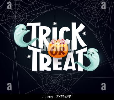 Trick ou traiter la bannière d'Halloween avec des fantômes et de la toile d'araignée. Lettres effrayantes vectorielles avec fantômes étranges, araignées et seau à la citrouille avec des bonbons, des goules accueillantes et des sorcières lors d'une nuit de plaisir effroyable Illustration de Vecteur