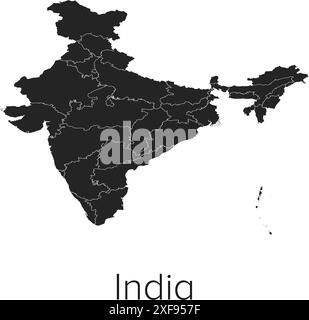 India Map Vector Illustration - Silhouette, Outline, India Travel and Tourism Map Stock Vector