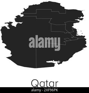 Qatar Map Vector Illustration - Silhouette, Outline, Qatar Travel and Tourism Map Stock Vector