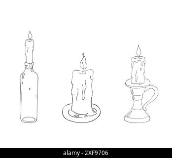 Ensemble magique de bougies. Bougies sur une bouteille en verre, sur une assiette et dans un chandelier, isolées sur un fond blanc. Illustration dessinée à la main. Illustration de Vecteur