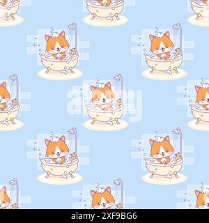 Modèle sans couture avec des bains de chat mignons dans le bain moussant sur fond bleu. Animal kawaii drôle. Illustration vectorielle. Collection enfants Illustration de Vecteur