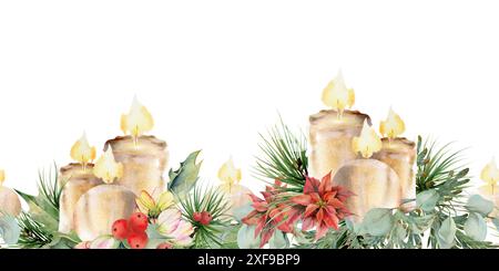 Bougies avec sapin de pin, poinsettia, baies de feuilles de houx. Aquarelle illustration dessinée à la main, bannière sans couture isolée sur blanc. Noël, heureux nouveau Banque D'Images