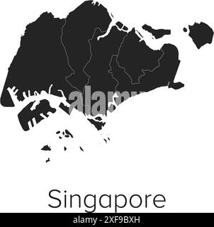 Singapore Map Vector Illustration - Silhouette, Outline, Singapore Travel and Tourism Map Stock Vector