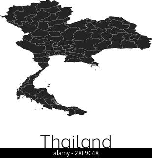 Thailand Map Vector Illustration - Silhouette, Outline, Thailand Travel and Tourism Map Stock Vector