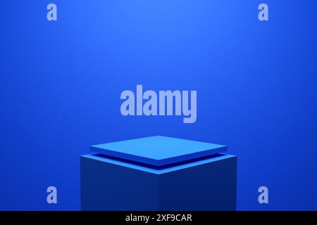 Plate-forme de scène de cube bleu vide pour présenter un nouveau produit sur fond bleu dans un design minimaliste. Rendu 3D. Banque D'Images