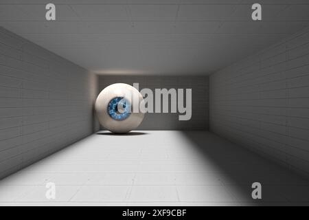 Surveillance, contrôle et concept Big Brother. Un œil réaliste géant est assis sur le sol d'une pièce de béton vide, regardant devant. rendu 3d. Banque D'Images