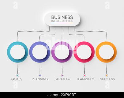 Modèle d'infographie avec cinq étapes pour le succès de l'entreprise. Objectifs, planification, stratégie, travail d'équipe et succès. Rendu 3D. Banque D'Images