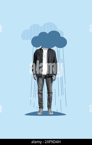 Collage vertical image jeune homme sans tête debout nuage pluvieux dépression anxiété troubles mentaux thérapie psychologique Banque D'Images