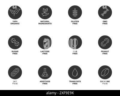 Jeu d'icônes sans allergène. Allergènes communs. Icônes d'allergènes alimentaires. Illustration vectorielle plate. Illustration de Vecteur