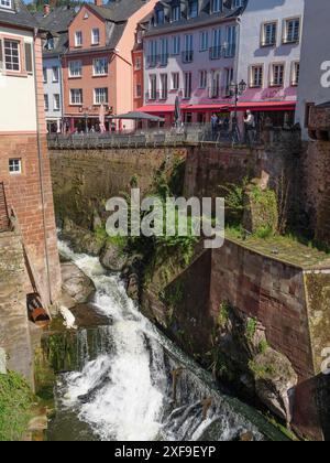 Petite vieille ville avec des maisons colorées et une cascade au premier plan, entourée de plantes, saarburg, allemagne Banque D'Images