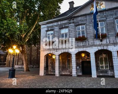 Un bâtiment historique illuminé avec des fleurs sur les fenêtres et de grands arbres en arrière-plan, maastricht, pays-bas Banque D'Images