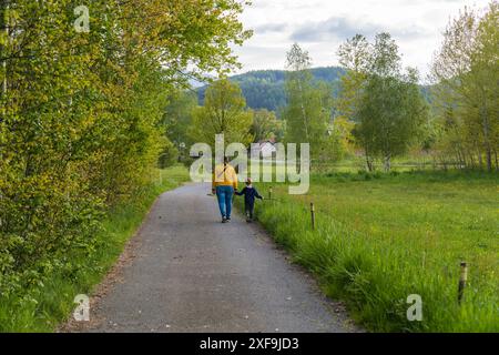 Un enfant heureux tient la main de sa mère alors qu'ils marchent main dans la main le long d'un chemin rural. Un petit garçon tient un bâton dans ses mains. Parentalité : mère et fils Banque D'Images