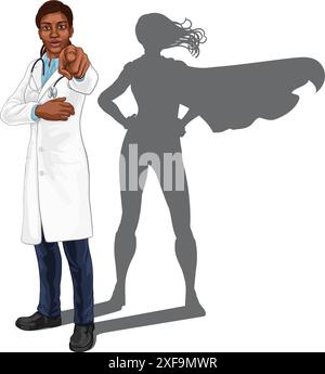 Super Hero Black Woman Docteur Superhero pointant Illustration de Vecteur