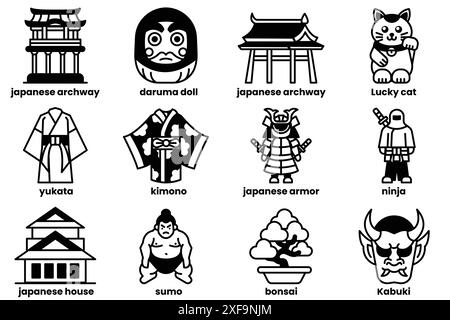 Une collection de symboles et de personnages japonais, y compris un chat chanceux, un samouraï et un ninja Illustration de Vecteur