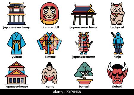 Une collection de symboles et de personnages japonais, y compris un chat chanceux, un samouraï et un ninja Illustration de Vecteur