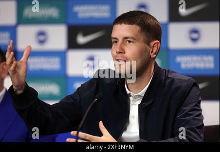 Brighton et Hove Albion, nouveau manager Fabian Hurzeler, lors d'une conférence de presse au American Express Elite Football performance Centre, Brighton. Date de la photo : mardi 2 juillet 2024. Banque D'Images