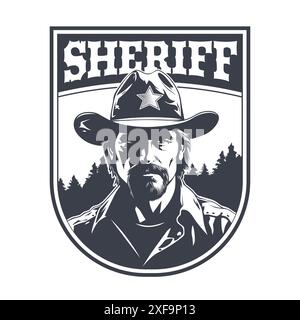 Conception de badge avec silhouette de shérif. Ranger en chapeau de cow-boy. Style Far West. Graphique vectoriel. Illustration de Vecteur