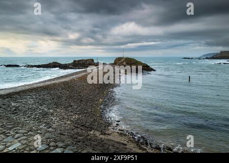 La digue historique menant à Chapoel Rock sur la côte de Bude en Cornouailles au Royaume-Uni. Banque D'Images