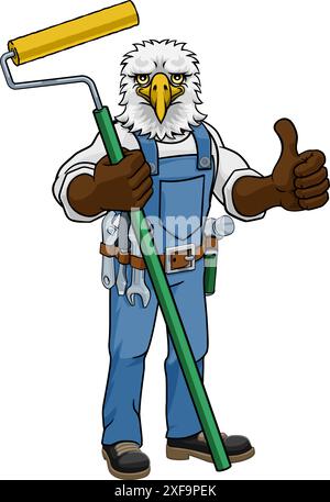 Eagle Painter Decorator Paint Roller Mascot Man Illustration de Vecteur