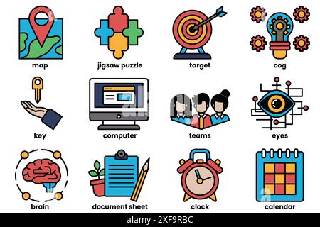 Ensemble d'icônes pour un programme informatique. Les icônes comprennent un clavier, une souris, un moniteur, une horloge, un calendrier, un document, un cerveau, un crayon, une main, un Illustration de Vecteur