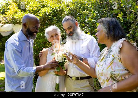 Célébrant un mariage en plein air, des amis seniors portant un toast avec des verres de champagne à la fête du jardin Banque D'Images