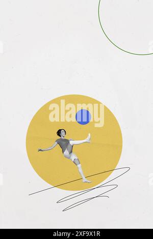 Composite tendance illustration croquis photo collage de photos de plein air monochrome jeune femme courir coureur sportif jouer football Kick ball Banque D'Images