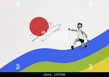 Composite tendance illustration croquis photo collage de photos de stade en plein air monochrome jeune coureur joyeux sportif jogging Banque D'Images
