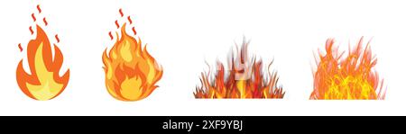 Réglez le feu brûlant et la flamme isolée. Ensemble de combustion du feu. Illustration de Vecteur