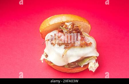 Hamburger au bœuf asturien. Burger brioche pain, oignon, fromage Becom, moutarde, ketchup, sur fond rouge. Espagne Banque D'Images