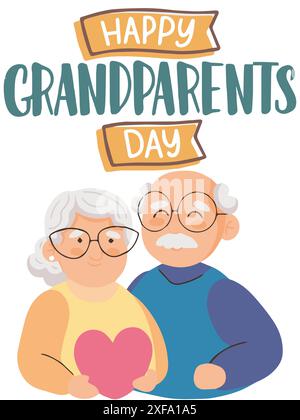 Bonne fête des grands-parents. Illustration vectorielle de dessin animé mignon avec un couple plus âgé, cœur en main. Illustration de Vecteur