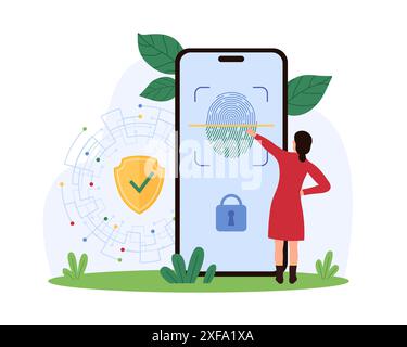 Numérisation d'empreintes digitales pour l'identification, l'autorisation et l'accès au compte dans l'application mobile. Petite femme touchant le grand écran de smartphone avec le doigt du pouce pour numériser l'illustration vectorielle d'empreinte biométrique Illustration de Vecteur
