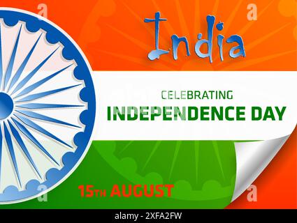Jour de l'indépendance de l'Inde, 15 août texte en caractères safran avec des éléments de l'inde et la roue Ashok bleue sur fond de couleur Illustration de Vecteur