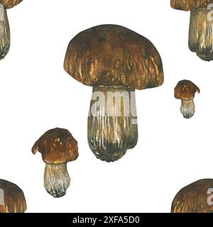 Motif aquarelle sans couture de champignons porcini. Isolé sur fond blanc, dessiné à la main. Banque D'Images