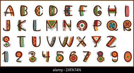 Alphabet vectoriel lumineux ethnique africain police graphique dessinée à la main alphabet ethnique de style tribal, conception de lettres natives décoratives africaines et de chiffres Illustration de Vecteur