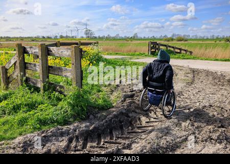 Une jeune femme en fauteuil roulant marche le long d'une route difficile à la campagne Banque D'Images