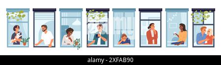 Des colocataires regardant par les fenêtres. Résidents de la maison. Personnes dans des appartements. Rideaux flottants. Voisins assis au rebord de la fenêtre. Les personnages heureux boivent Illustration de Vecteur