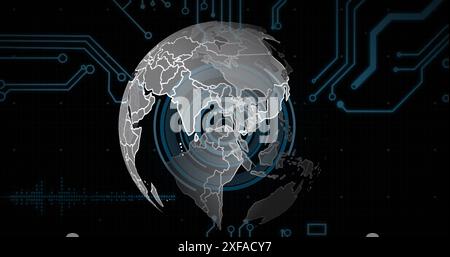 Image d'un globe tournant sur un scanner rond, les connexions du microprocesseur et le traitement des données Banque D'Images