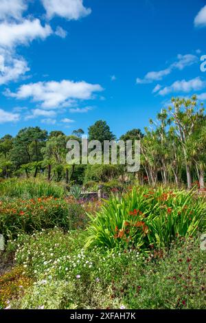 Vue sur les parterres de fleurs et les arbres, avec une personne en arrière-plan, au jardin botanique Logan Banque D'Images