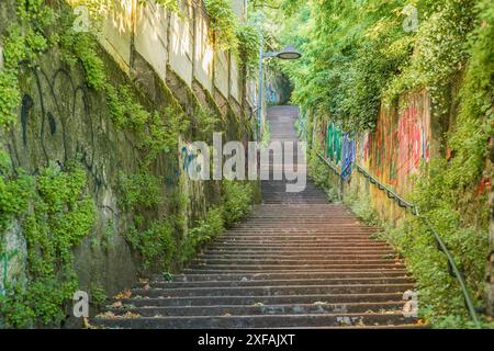 Lyon, France. 10 juin 2024. Escalier sans fin avec des peintures dans ses murs, Lyon, France Banque D'Images