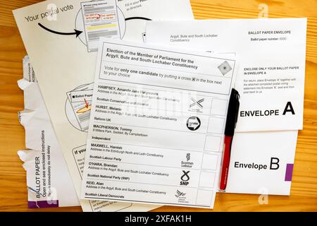 Déclaration de vote par correspondance ou bulletin de vote pour Argyll, Bute et South Lochaber pour les élections générales au Royaume-Uni pour voter dans un député Banque D'Images