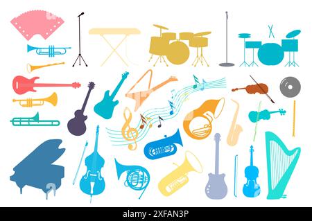 Instruments de musique colorés et silhouette de notes de musique Illustration de Vecteur