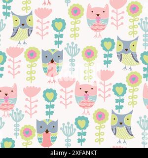 Motif transparent vecteur avec les hiboux et les fleurs Illustration de Vecteur