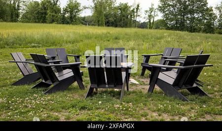 anneau de feu chaises de pelouse feu de camp (fosse de brûlage) à la brasserie dans la vallée de l'hudson (bois de chauffage, chaise de siège pelouse, nature) assis en plein air détente voyage gree Banque D'Images