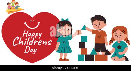 Cute Boy and Girl Play Game avec joie et plaisir, concept de Happy Children's Day. Illustration de Vecteur