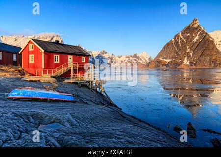 Maisons rouges et village en face de montagnes enneigées, fjord, lever de soleil, Reine, Moskenesoya, Lofoten, Norvège, Europe Banque D'Images