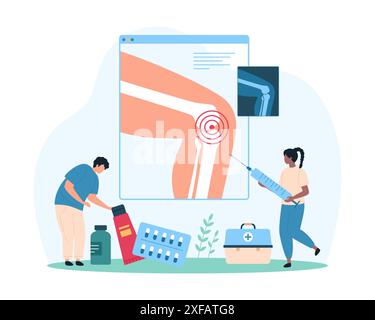 Diagnostic et traitement de l'arthrose, de la polyarthrite rhumatoïde et des rhumatismes, sensibilisation à la maladie de l'articulation du genou. Les gens minuscules recherchent xray du genou du patient avec l'illustration vectorielle de dessin animé d'inflammation Illustration de Vecteur