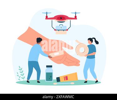 Premiers soins pour les égratignures et les blessures, dommages au traitement de la peau. Drone médical transportant la boîte d'urgence pour les médecins minuscules, les personnes avec l'illustration vectorielle de dessin animé de bras de cure de ruban antibactérien adhésif Illustration de Vecteur